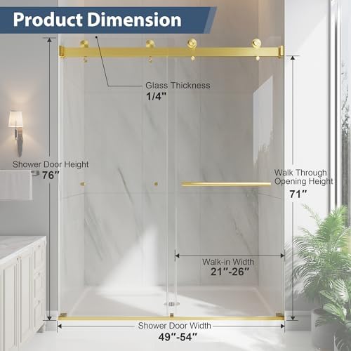 49-54"W x 76"H Frameless Double Sliding Shower Doors Brushed Gold - Image 2