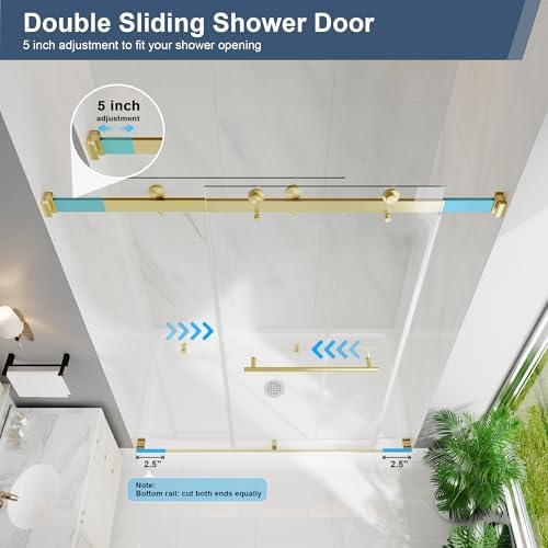 61-66"W x 78"H Frameless Double Sliding Shower Doors Brushed Gold - Image 4