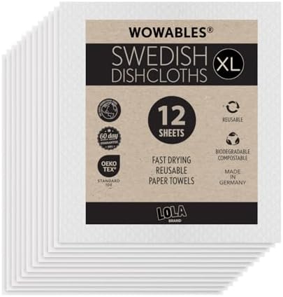 Swedish Dishcloths for Kitchen XL, 12 Sheet Roll, Biodegradable & Compostable by LolaProducts