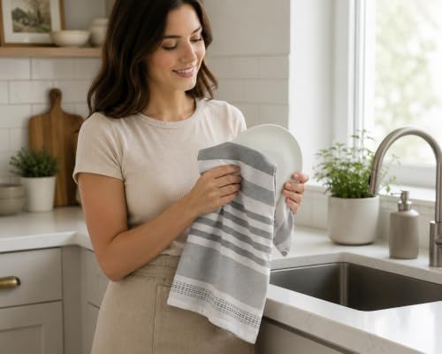 Serafina Home Grey White Kitchen Hand Dish Towels: Oversized 28" x 16" - Image 3