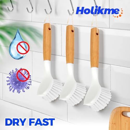 Holikme 3 Pack Dish Brush with Bamboo Handle Cleaning Brush - Image 5