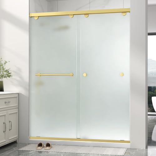 Frameless Double Sliding Frosted Shower Door, 49-54"Wx76"H, 5/16"Brushed Gold by Unknown