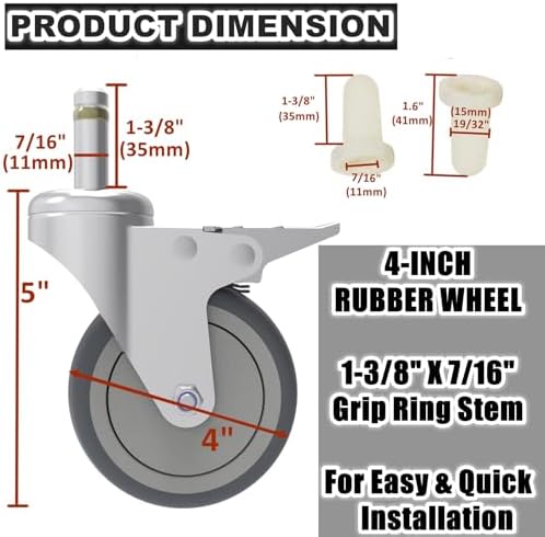 RILIDRI 4-Inch Swivel Stem Caster, 7/16-Inch Stem Diameter Rubber Wheel - Image 2