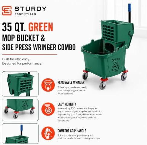 Commercial Mop Bucket with Wringer on Wheels | Green 35 Quart - Image 4
