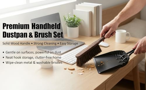 Dust Pan and Brush Set, Small Handheld Metal Dustpan and Wooden Broom - Image 5