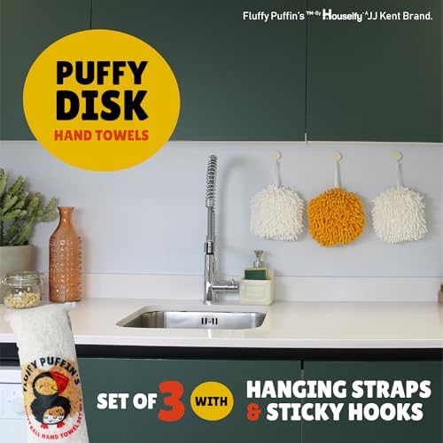 JJ KENT Fluffy Puffins Microfiber Puff Hand Towels & Hooks, 3 Pack - Image 2