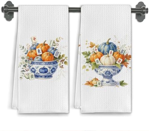 Blue Chinoiserie Mahjong Fall Pumkpin Kitchen Towels by Unknown
