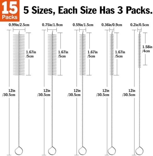 AZEN 15 Pack Straw Cleaner Brush Set, 12 inch Extra Long, 5 Different Diameters - Image 2