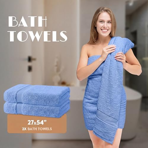 White Classic Light Blue Bath Towel Set of 6-100% Cotton Highly Absorbent Towels - Image 4
