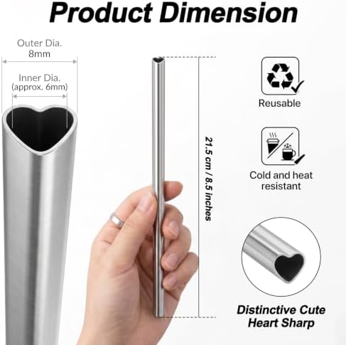 8 Pcs Reusable Metal Straws 8.5” Cute Heart Stainless Steel Straws - Image 2