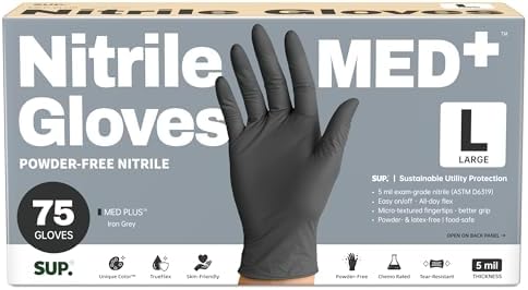 SUP Med Plus™ Nitrile Gloves, 5 Mil Powder-Free Disposable Black 75 | 750Ct by SUP