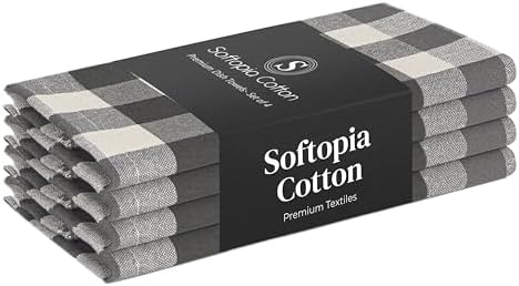 Checked Kitchen Towels 4 Pack, 18x26 Inches, Absorbent Dish Cloths, Reusable by SoftopiaCotton