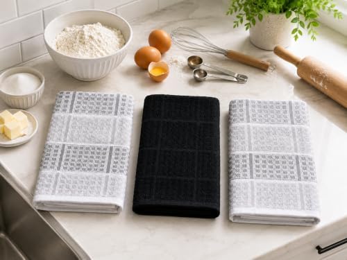 Black Grey Kitchen Hand Dish Towels, Waffle Checkered - Image 6