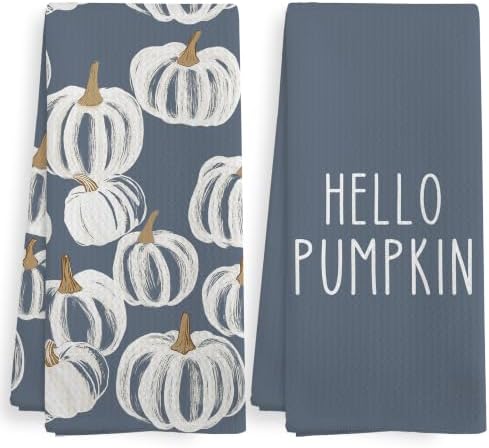 Fall Hello Pumpkin Dusty Blue Kitchen Towels Dishcloths Sets of 2 by XNXLDYLH