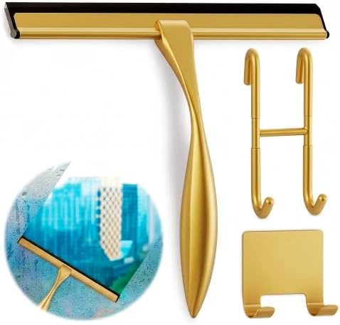 10 Inch Gold Shower Squeegee for Glass Doors, 2 Hooks Included by Novsix