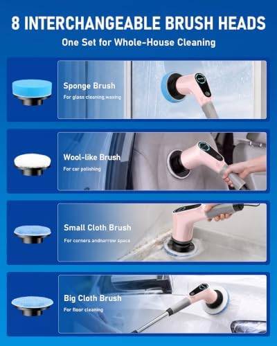 Dovety Electric Spin Scrubber, Extendable Handle, 8 Brush Heads-Pink - Image 5