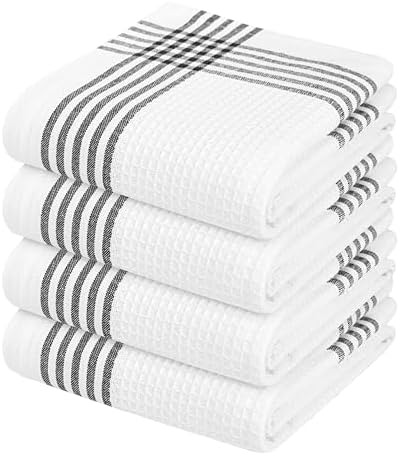 Waffle White & Black 4 Pack Kitchen Dish Towels, 100% Cotton, 16x26 inches by SoftopiaCotton
