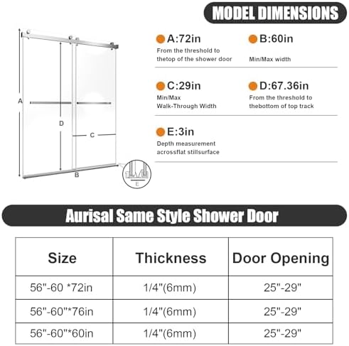 Frameless Stainless Steel Sliding Shower Door, 56-60" W x 72" H - Image 3