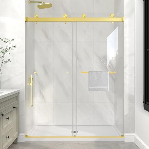 KPUY Frameless Double Sliding Shower Door 43-48" x 76", Brushed Gold by KPUY