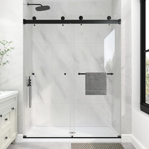 KPUY Frameless Double Sliding Shower Door 55-60" x 76", Matte Black by KPUY
