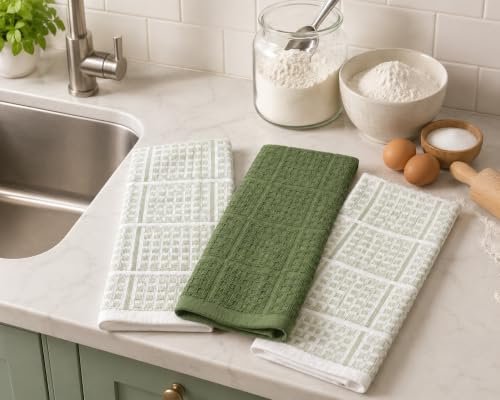 Sage Green Kitchen Hand Dish Towels, Waffle Checkered - Image 3