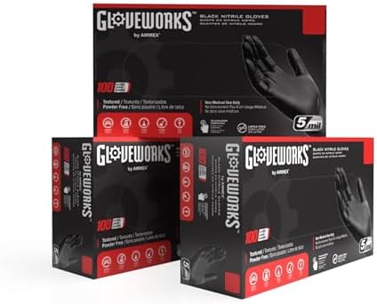 GLOVEWORKS Nitrile Gloves Disposable 5 mil Black Size Large 3 Boxes of 100 by GLOVEWORKS
