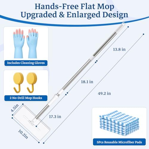 Hands Free Flat Mop with 5 Reusable Microfiber Pads, 49.2" Extra Long Handle & - Image 3