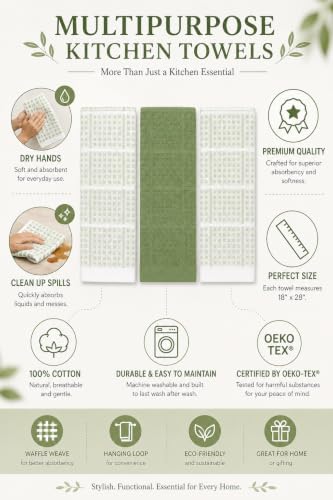 Sage Green Kitchen Hand Dish Towels, Waffle Checkered - Image 7
