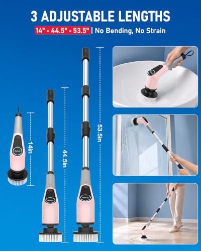 Dovety Electric Spin Scrubber, Extendable Handle, 8 Brush Heads-Pink - Image 3