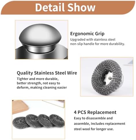 5Pcs Steel Wool Scrubber with Replacement Wire Sponge Pads Set, Stainless Steel - Image 2