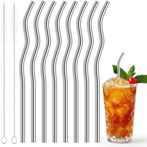 10 Pack Reusable Metal Straws Set, 9.25” x 8 mm Wavy Metal Straws Reusable by Unknown