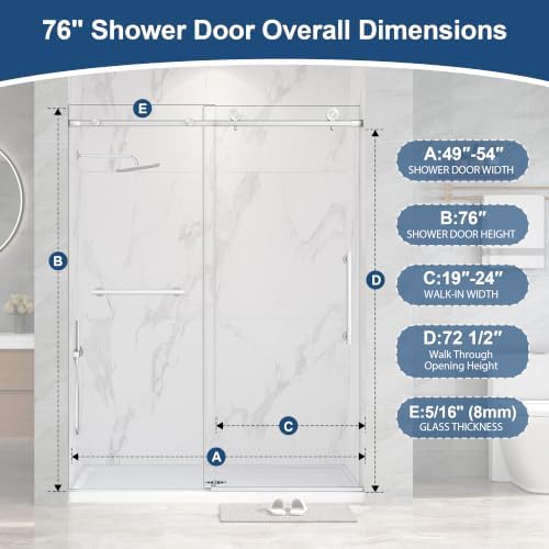 Frameless Sliding Shower Doors 49-54" Wx76 H, 5/16" Brushed Nickel - Image 2