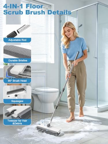 Floor Scrub Brush with Long Handle, 4 in 1 Shower Scrubber with Floor Squeegee - Image 3
