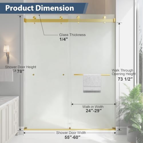 55-60"W x 78"H Frameless Frosted Sliding Shower Door Brushed Gold - Image 7