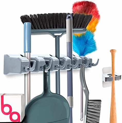 Combo 5 Slot Broom Holder w/ 1 Self Adhesive Mop Gripper No-Drilling, Wall by BerryAve