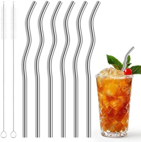 6 Pcs Reusable Metal Straws Wavy Stainless Steel Straws 9.25” x 8mm by Unknown