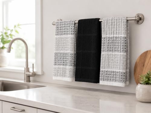 Black Grey Kitchen Hand Dish Towels, Waffle Checkered - Image 7