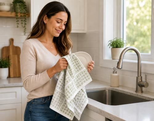 Sage Green Kitchen Hand Dish Towels, Waffle Checkered - Image 2