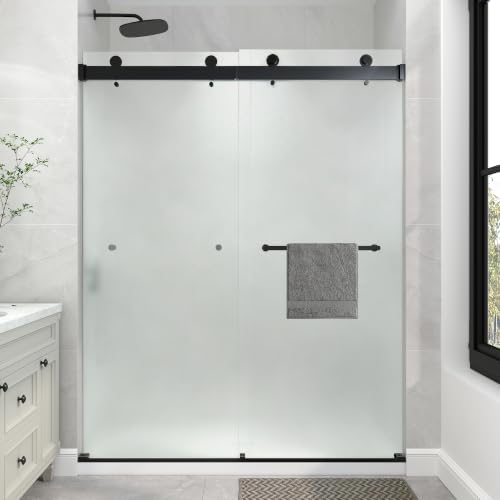 KPUY Frameless Sliding Frosted Shower Door 43-48" x 76", Matte Black by KPUY