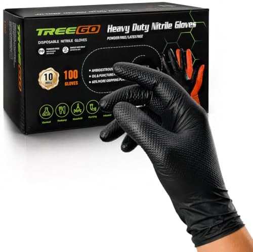 TREEGO 10 Mil Heavy Duty Black Nitrile Mechanic Gloves by Treego