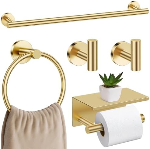 Brushed Gold Bathroom Hardware Set, 5 Pieces Gold Towel Bar Bathroom Accessories by SOAEZ