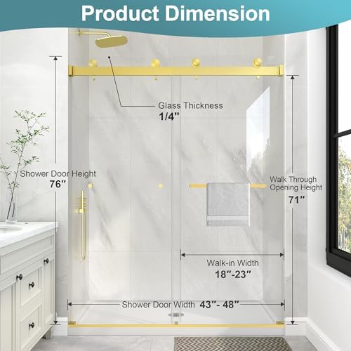 KPUY Frameless Double Sliding Shower Door 43-48" x 76", Brushed Gold - Image 4