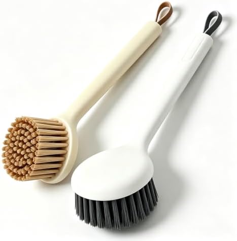 Dish Scrub Brush 2-Pack, Long Handle Pot Pan Scrubber, Angled Head by Foibong