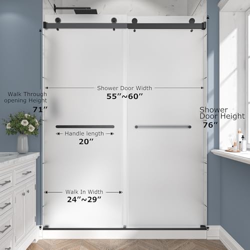 Frameless Sliding Frosted Shower Door 55-60" x 76", Matte Black - Image 2