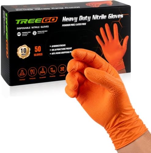 TREEGO 10 Mil Heavy Duty Orange Nitrile Mechanic Gloves by Treego