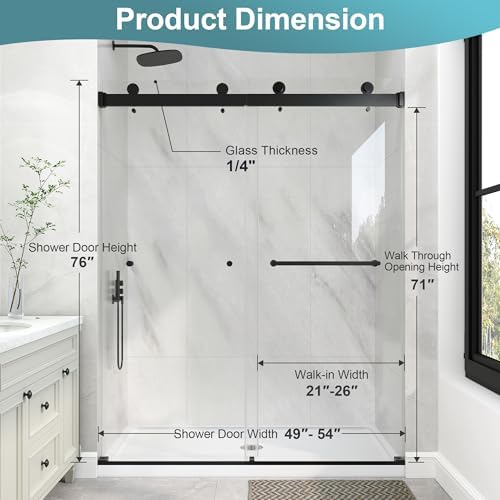KPUY Frameless Double Sliding Shower Door 49-54" x 76", Matte Black - Image 4