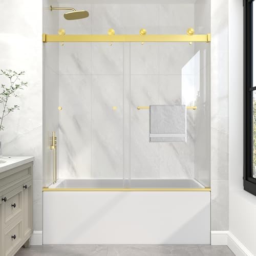 KPUY Frameless Double Sliding Tub Shower Door 55-60" x 60", Brushed Gold by KPUY