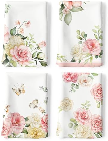 Watercolor Pink Flower Tea Towels Set of 4, 100% Cotton by Arquiel