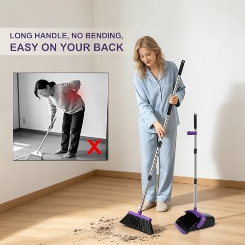 Purple Broom and Dustpan Set 2 Pack, Long Handle Floor Cleaning - Image 3