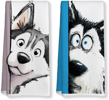 2 Pcs Funny Husky Gifts Kitchen Towels, Cute Dog Hand Towels 14 x 24 Inches by JIUWEIHU